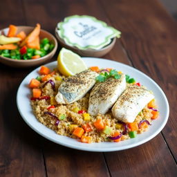 A vibrant dish of Thieboudienne, the Senegalese fish and rice dish, featuring perfectly cooked quinoa instead of traditional rice