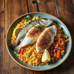 A vibrant dish of Thieboudienne, the Senegalese fish and rice dish, featuring perfectly cooked quinoa instead of traditional rice