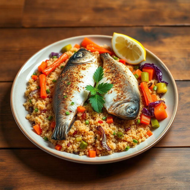 A vibrant dish of Thieboudienne, the Senegalese fish and rice dish, featuring perfectly cooked quinoa instead of traditional rice