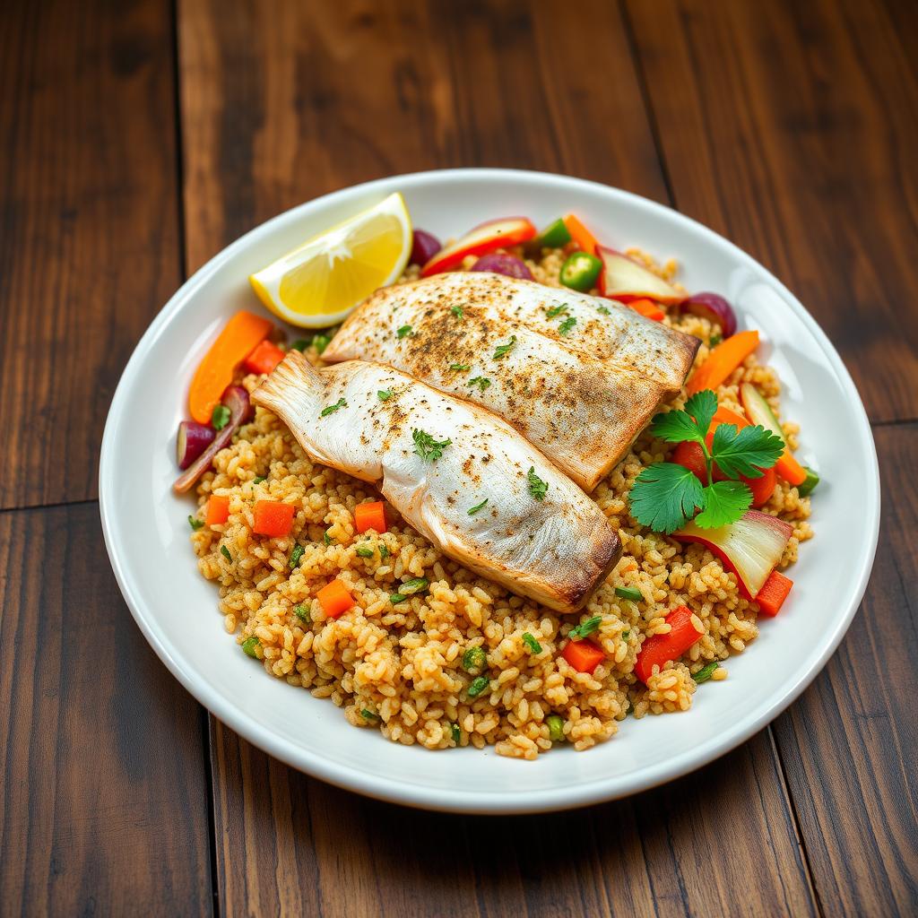 A vibrant dish of Thieboudienne, the Senegalese fish and rice dish, featuring perfectly cooked quinoa instead of traditional rice