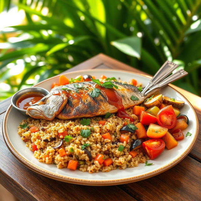 A colorful plate of Thieboudienne, a traditional Senegalese dish featuring beautifully cooked quinoa instead of rice, served with a variety of vibrant vegetables like carrots, eggplants, and tomatoes