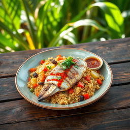 A colorful plate of Thieboudienne, a traditional Senegalese dish featuring beautifully cooked quinoa instead of rice, served with a variety of vibrant vegetables like carrots, eggplants, and tomatoes