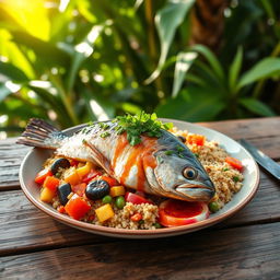 A colorful plate of Thieboudienne, a traditional Senegalese dish featuring beautifully cooked quinoa instead of rice, served with a variety of vibrant vegetables like carrots, eggplants, and tomatoes