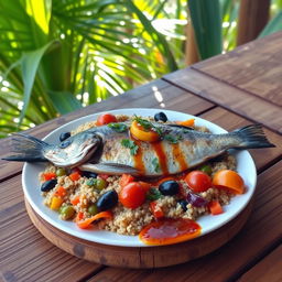 A colorful plate of Thieboudienne, a traditional Senegalese dish featuring beautifully cooked quinoa instead of rice, served with a variety of vibrant vegetables like carrots, eggplants, and tomatoes