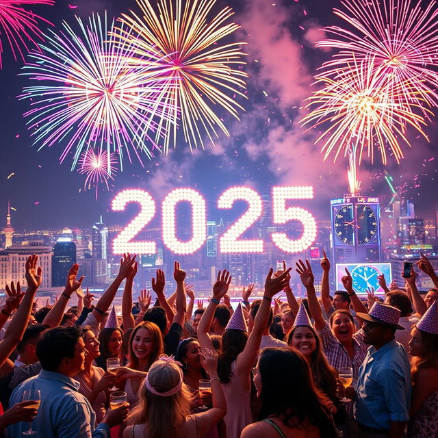 A vibrant New Year's celebration scene welcoming the year 2025