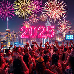A vibrant New Year's celebration scene welcoming the year 2025