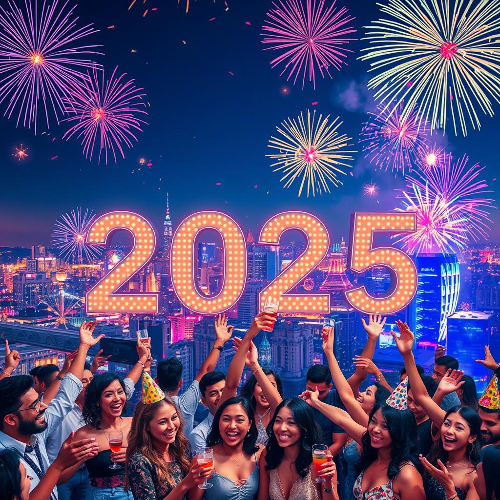 A vibrant New Year's celebration scene welcoming the year 2025