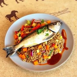 A beautifully arranged plate of Thieboudienne, a traditional Senegalese dish, made with perfectly cooked quinoa instead of rice