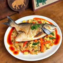 A beautifully arranged plate of Thieboudienne, a traditional Senegalese dish, made with perfectly cooked quinoa instead of rice