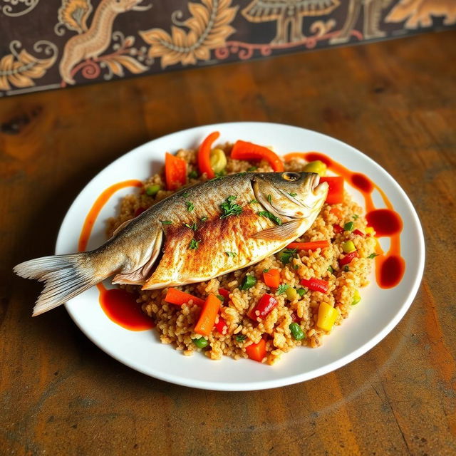 A beautifully arranged plate of Thieboudienne, a traditional Senegalese dish, made with perfectly cooked quinoa instead of rice