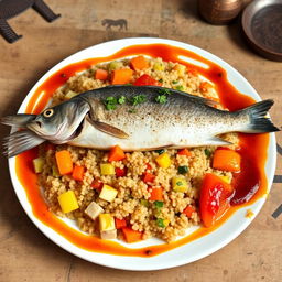 A beautifully arranged plate of Thieboudienne, a traditional Senegalese dish, made with perfectly cooked quinoa instead of rice
