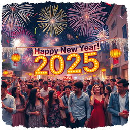 A vibrant New Year's celebration scene for 2025, filled with colorful fireworks lighting up the night sky, people in festive attire enjoying the festivities, confetti raining down, lanterns glowing, and a large banner that says 'Happy New Year 2025!' adorned with sparkling decorations