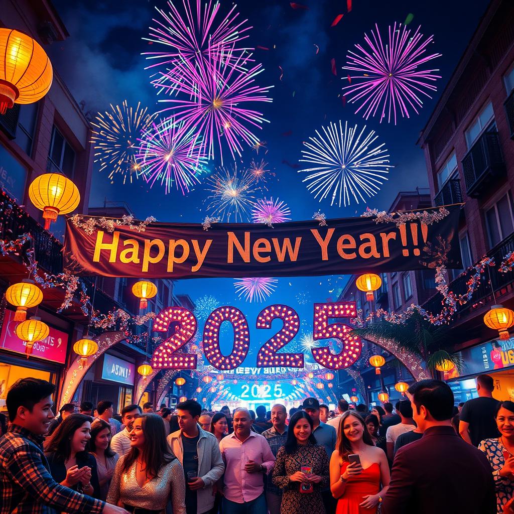 A vibrant New Year's celebration scene for 2025, filled with colorful fireworks lighting up the night sky, people in festive attire enjoying the festivities, confetti raining down, lanterns glowing, and a large banner that says 'Happy New Year 2025!' adorned with sparkling decorations