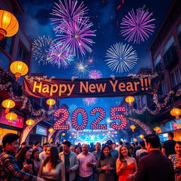 A vibrant New Year's celebration scene for 2025, filled with colorful fireworks lighting up the night sky, people in festive attire enjoying the festivities, confetti raining down, lanterns glowing, and a large banner that says 'Happy New Year 2025!' adorned with sparkling decorations