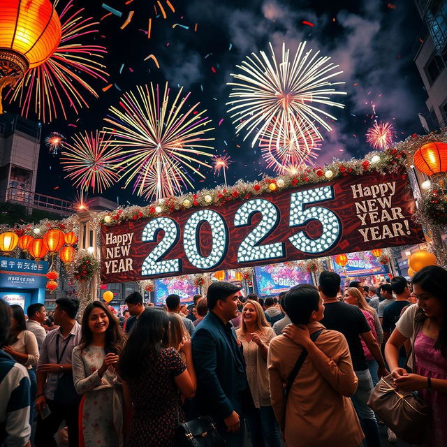 A vibrant New Year's celebration scene for 2025, filled with colorful fireworks lighting up the night sky, people in festive attire enjoying the festivities, confetti raining down, lanterns glowing, and a large banner that says 'Happy New Year 2025!' adorned with sparkling decorations