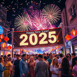 A vibrant New Year's celebration scene for 2025, filled with colorful fireworks lighting up the night sky, people in festive attire enjoying the festivities, confetti raining down, lanterns glowing, and a large banner that says 'Happy New Year 2025!' adorned with sparkling decorations