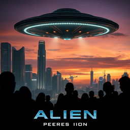 A dramatic movie poster featuring an alien spaceship landing on a futuristic cityscape at dusk