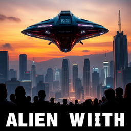 A dramatic movie poster featuring an alien spaceship landing on a futuristic cityscape at dusk
