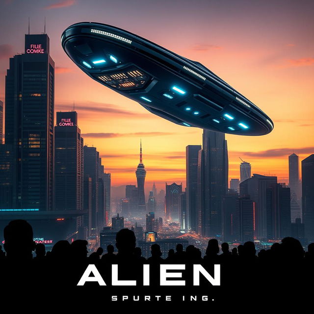 A dramatic movie poster featuring an alien spaceship landing on a futuristic cityscape at dusk