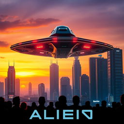 A dramatic movie poster featuring an alien spaceship landing on a futuristic cityscape at dusk