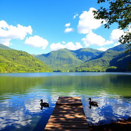 A serene landscape featuring a tranquil lake surrounded by lush, green mountains under a bright blue sky
