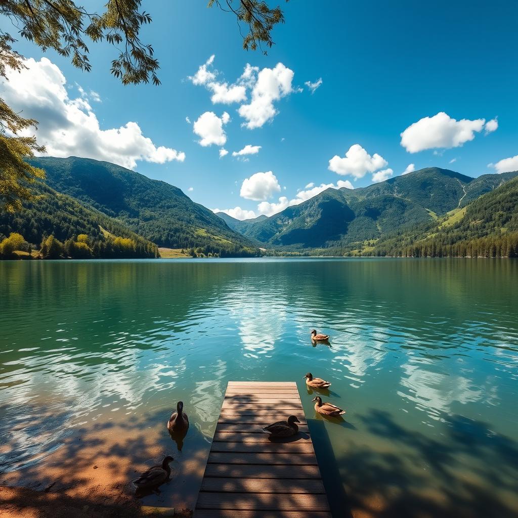 A serene landscape featuring a tranquil lake surrounded by lush, green mountains under a bright blue sky