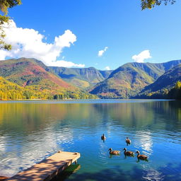 A serene landscape featuring a tranquil lake surrounded by lush, green mountains under a bright blue sky