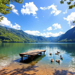A serene landscape featuring a tranquil lake surrounded by lush, green mountains under a bright blue sky