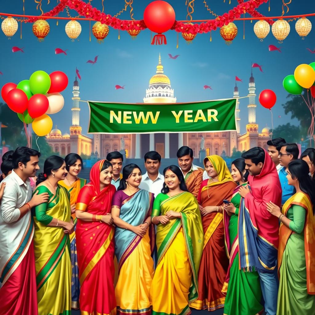 A vibrant and festive scene depicting a team celebrating the New Year in Bangladesh, featuring diverse team members dressed in traditional Bangladeshi attire such as sarees and panjabis, surrounded by colorful decorations, balloons, and a large banner saying 'Happy New Year'