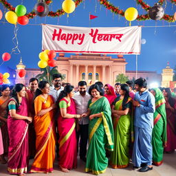 A vibrant and festive scene depicting a team celebrating the New Year in Bangladesh, featuring diverse team members dressed in traditional Bangladeshi attire such as sarees and panjabis, surrounded by colorful decorations, balloons, and a large banner saying 'Happy New Year'