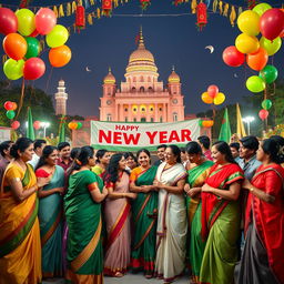 A vibrant and festive scene depicting a team celebrating the New Year in Bangladesh, featuring diverse team members dressed in traditional Bangladeshi attire such as sarees and panjabis, surrounded by colorful decorations, balloons, and a large banner saying 'Happy New Year'
