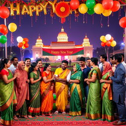 A vibrant and festive scene depicting a team celebrating the New Year in Bangladesh, featuring diverse team members dressed in traditional Bangladeshi attire such as sarees and panjabis, surrounded by colorful decorations, balloons, and a large banner saying 'Happy New Year'