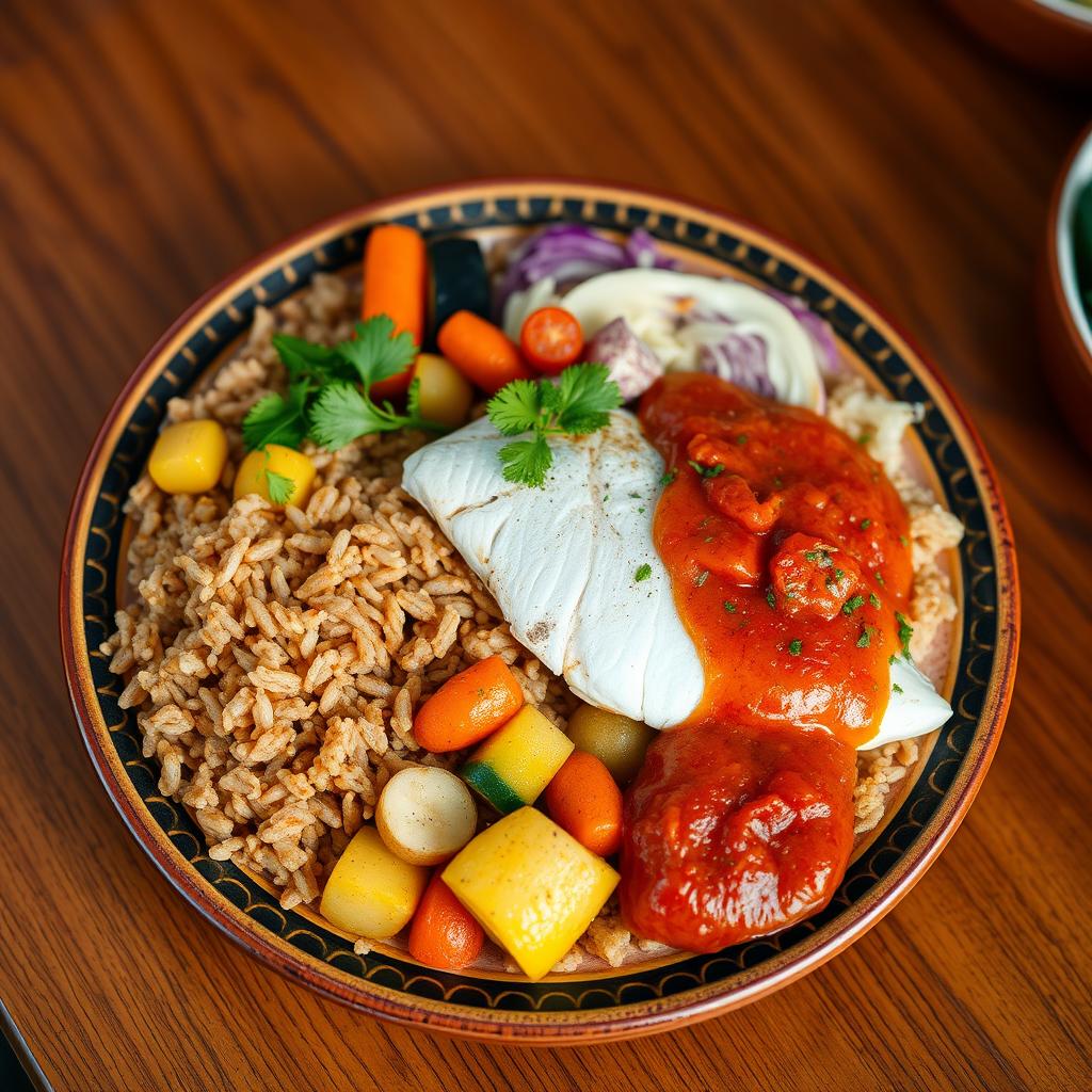 A healthy and halal Senegalese dish called Thieboudienne, showcasing a vibrant presentation of the dish