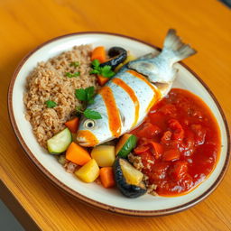A healthy and halal Senegalese dish called Thieboudienne, showcasing a vibrant presentation of the dish