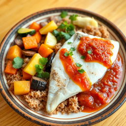 A healthy and halal Senegalese dish called Thieboudienne, showcasing a vibrant presentation of the dish