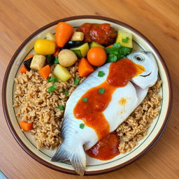 A healthy and halal Senegalese dish called Thieboudienne, showcasing a vibrant presentation of the dish