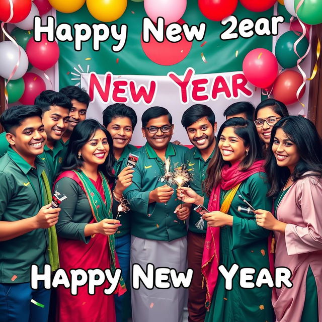 A cheerful and colorful scene of Team Bangladesh celebrating the New Year, featuring team members of diverse backgrounds and attire, smiling and exchanging greetings