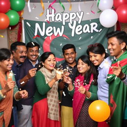 A cheerful and colorful scene of Team Bangladesh celebrating the New Year, featuring team members of diverse backgrounds and attire, smiling and exchanging greetings