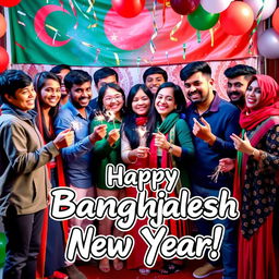 A cheerful and colorful scene of Team Bangladesh celebrating the New Year, featuring team members of diverse backgrounds and attire, smiling and exchanging greetings