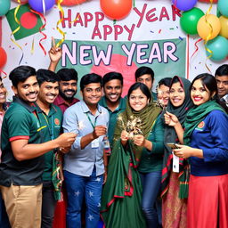 A cheerful and colorful scene of Team Bangladesh celebrating the New Year, featuring team members of diverse backgrounds and attire, smiling and exchanging greetings