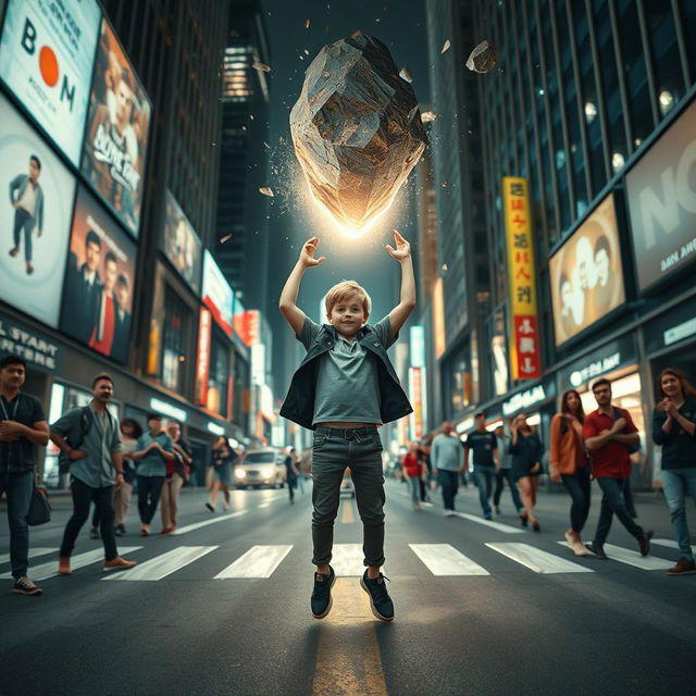 A calm young boy standing confidently in the middle of a bustling city street, surrounded by shocked pedestrians