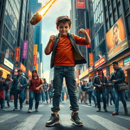 A calm young boy standing confidently in the middle of a bustling city street, surrounded by shocked pedestrians
