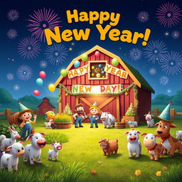 A joyous New Year celebration themed around Hay Day, featuring animated characters and farm animals joyfully celebrating in a colorful farm setting