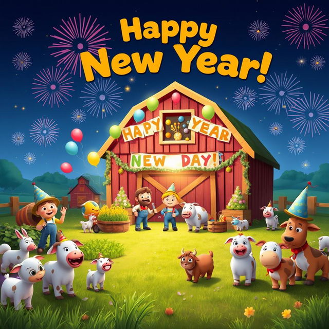 A joyous New Year celebration themed around Hay Day, featuring animated characters and farm animals joyfully celebrating in a colorful farm setting