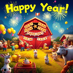 A joyous New Year celebration themed around Hay Day, featuring animated characters and farm animals joyfully celebrating in a colorful farm setting