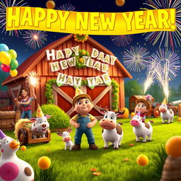 A joyous New Year celebration themed around Hay Day, featuring animated characters and farm animals joyfully celebrating in a colorful farm setting