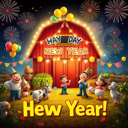 A joyous New Year celebration themed around Hay Day, featuring animated characters and farm animals joyfully celebrating in a colorful farm setting