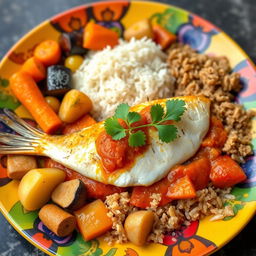 A healthy and halal Senegalese Thieboudienne dish presented beautifully on a vibrant plate