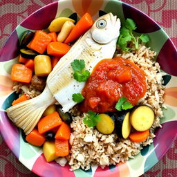 A healthy and halal Senegalese Thieboudienne dish presented beautifully on a vibrant plate