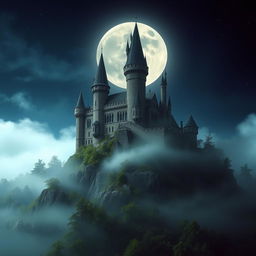 A mystical medieval castle rising from a rocky hilltop, surrounded by a lush forest enshrouded in soft fog